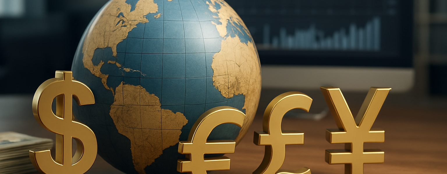 Gold currency symbols in front of a globe with financial charts in the background