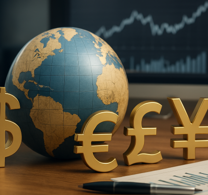 Gold currency symbols in front of a globe with financial charts in the background