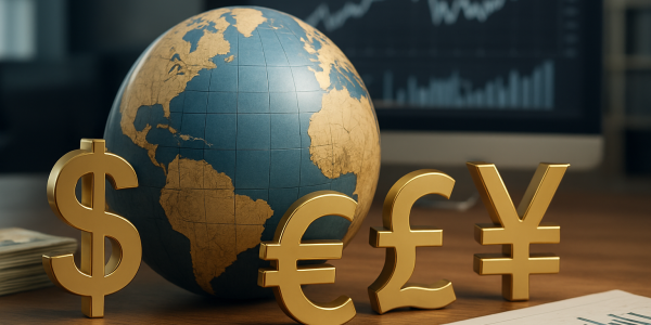 Gold currency symbols in front of a globe with financial charts in the background