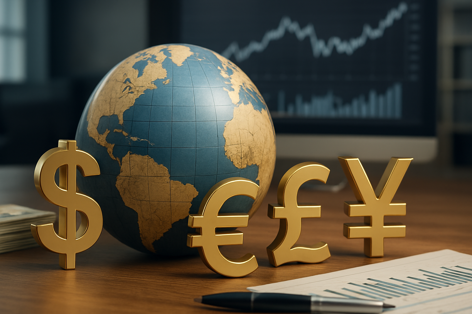 Gold currency symbols in front of a globe with financial charts in the background